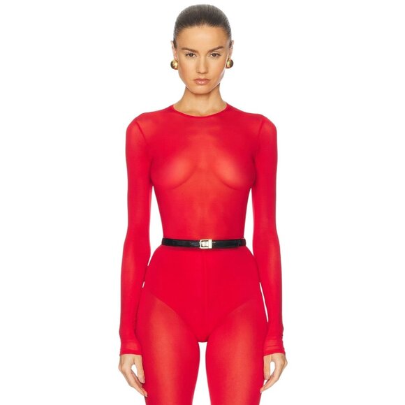 WARDROBE.NYC Sheer Bodysuit in Red Small New Womens Long Sleeve Top - Picture 1 of 16